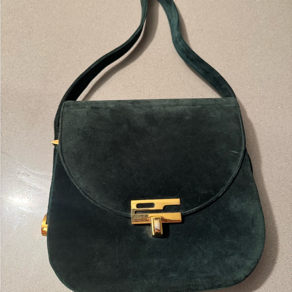 Elegant Forest Green Suede Shoulder Bag with Gold Hardware Nicholas Reich - NWOT
